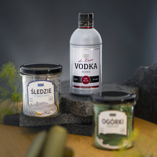 Sada 3x SOXO pánské ponožky | Chlapecký den | Sleď a nakládané okurky ve sklenici | Vodka v láhvi | jako dar pro Něho