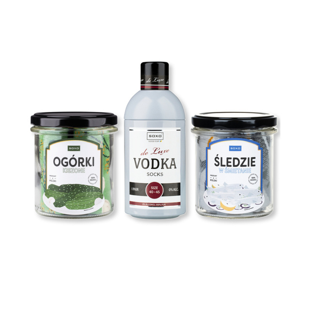 Sada 3x SOXO pánské ponožky | Chlapecký den | Sleď a nakládané okurky ve sklenici | Vodka v láhvi | jako dar pro Něho