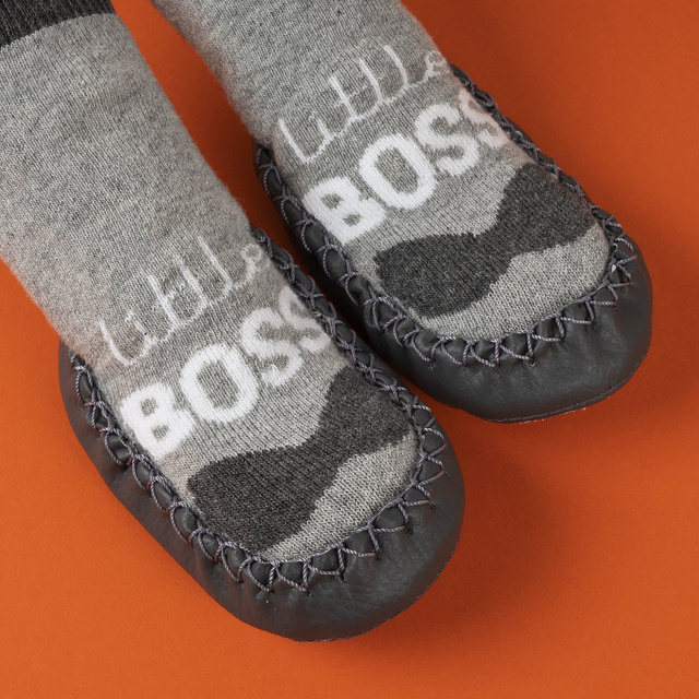 OUTLET Šedé kojenecké pantofle SOXO s šedou koženou podrážkou