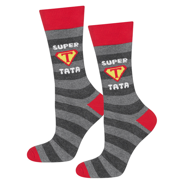 Dárek pro tátu: 1x Barevné pánské ponožky SOXO s nápisem "Super táta" a 1x pánské žabky Batman | Dárek ke dni otců