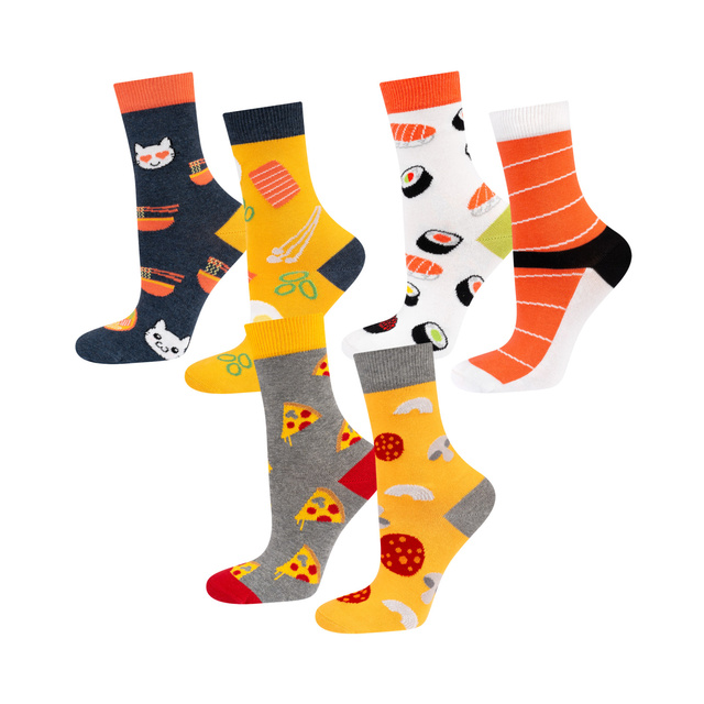 Sada 3x Barevné dámské ponožky SOXO nepasující do páru Pizza sushi ramen