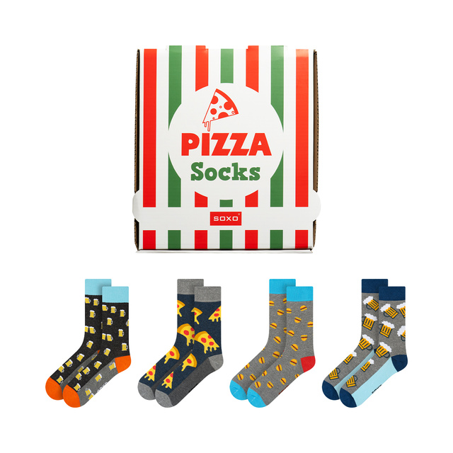 Sada 4x Pánské ponožky SOXO GOOD STUFF v krabičce pizza | jedinečný dárek pro muže