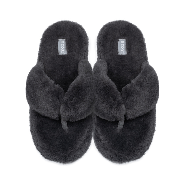 Dámské pantofle SOXO | Kožešina s tvrdou TPR podrážkou | Grafitové žabky