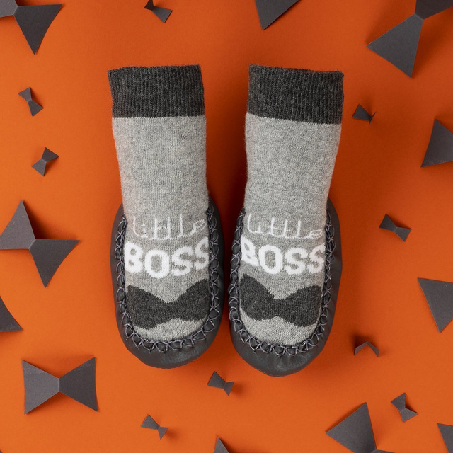 OUTLET Šedé kojenecké pantofle SOXO s šedou koženou podrážkou