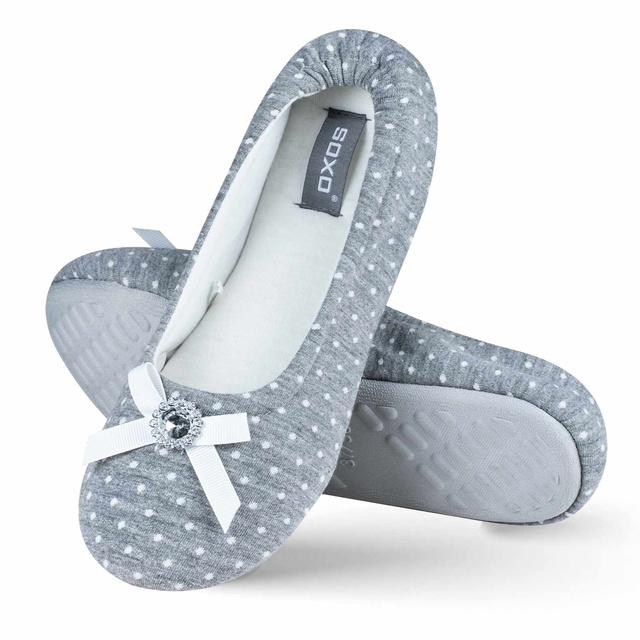 Šedé dámské pantofle baleríny SOXO s mašlí a diamantem