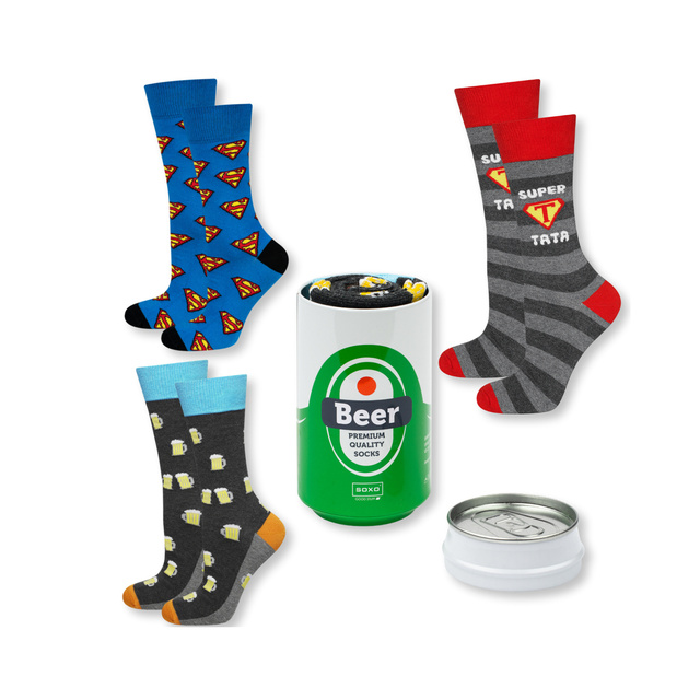 Dárek pro tátu: 1x Barevné pivní pánské ponožky SOXO a 1x pánské ponožky s nápisem "Super táta" a 1x pánské ponožky Superman