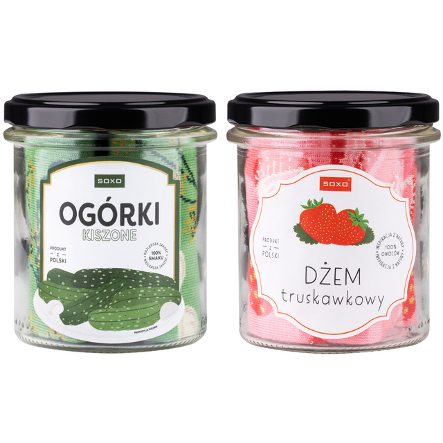 Sada 2x SOXO dámské barevné ponožky, jahodový džem | mužské nakládané okurky ve sklenici