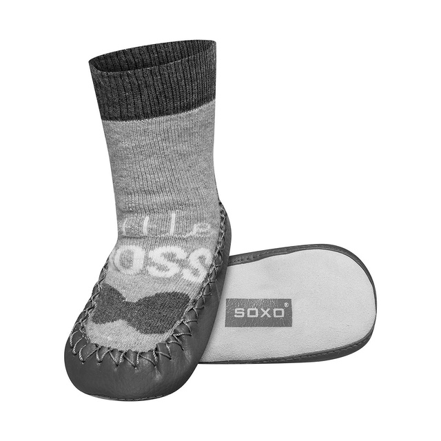 OUTLET Šedé kojenecké pantofle SOXO s šedou koženou podrážkou